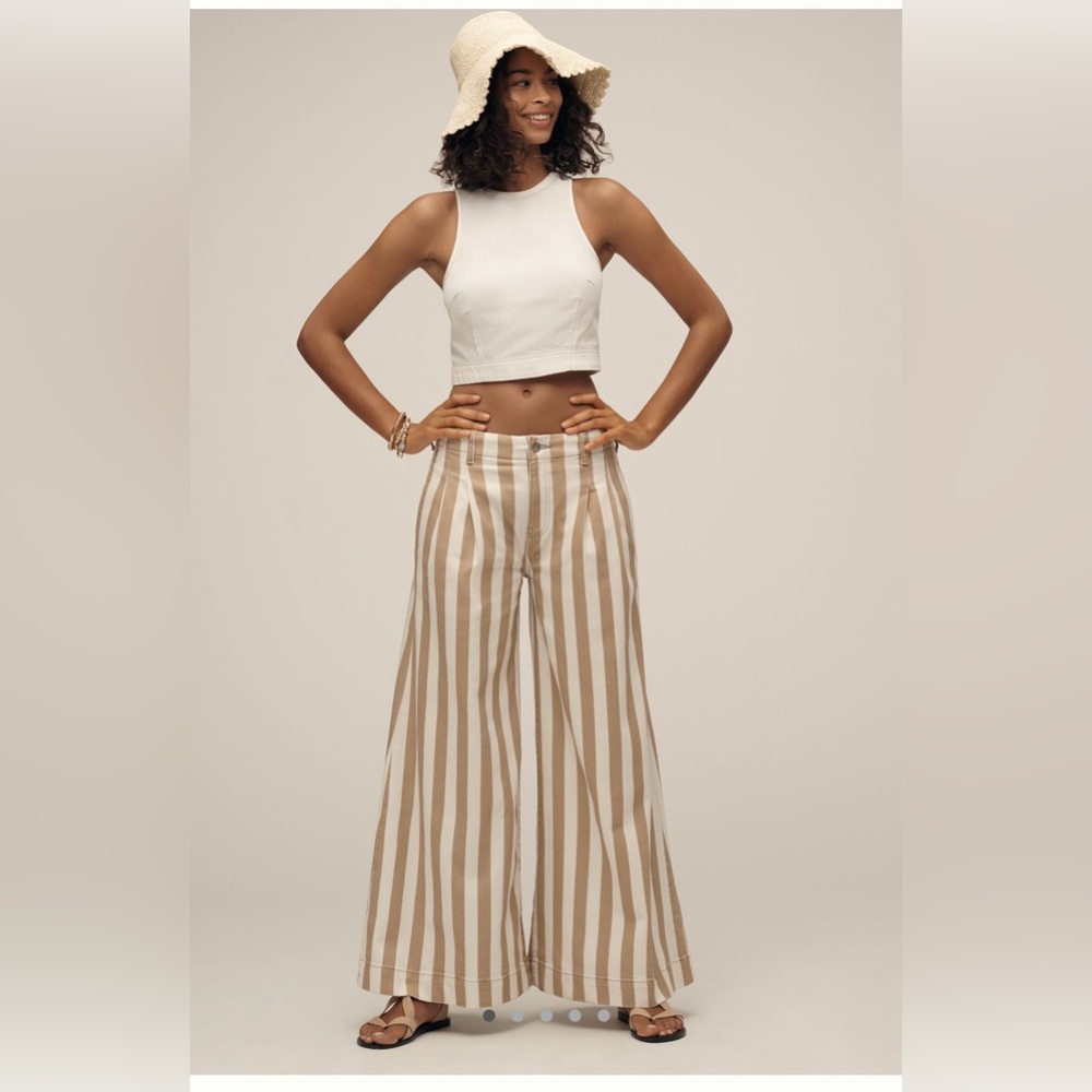 Anthropologie Tan and White Striped Wide-Leg Pants